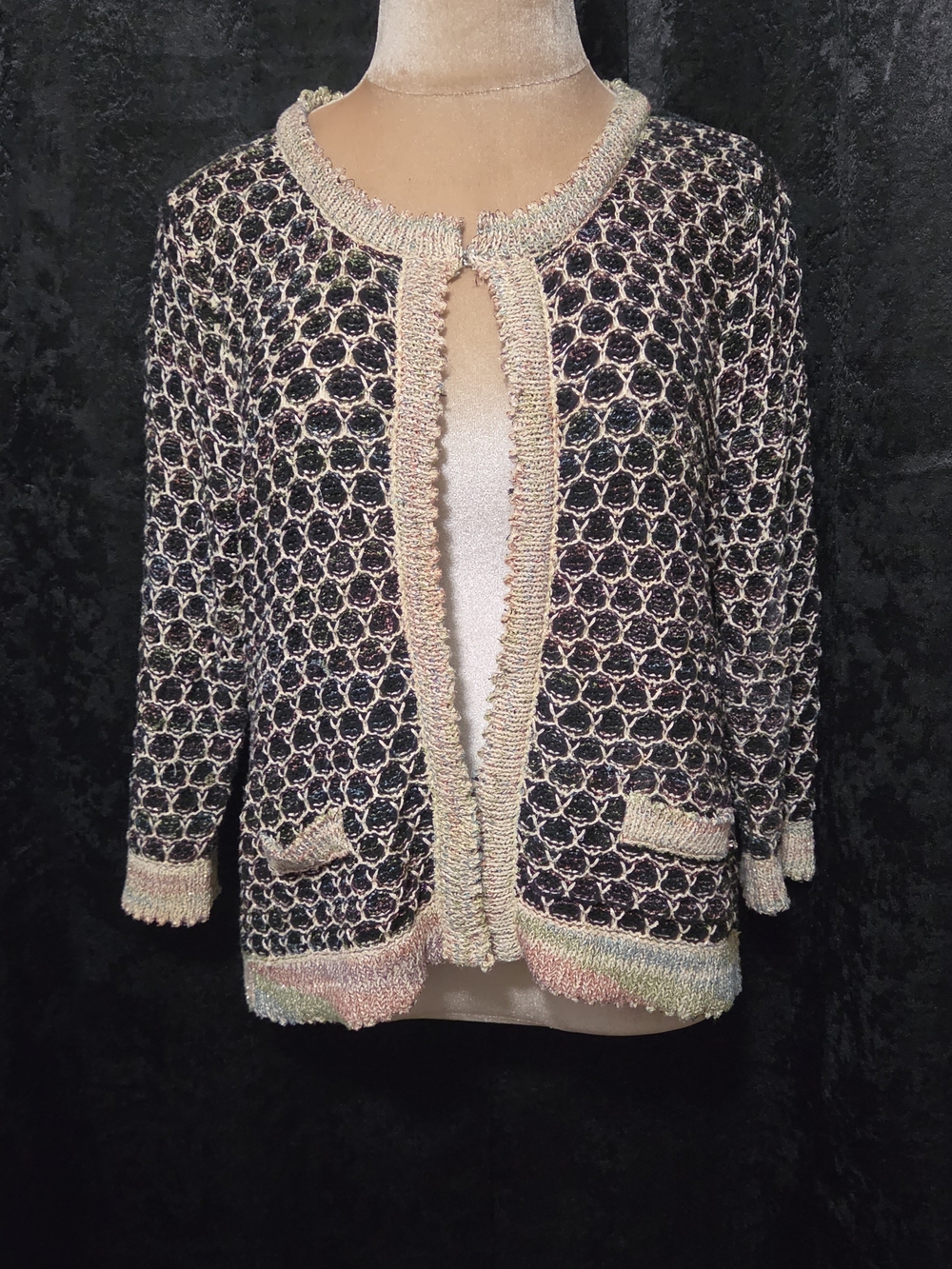 Roz & Ali L Large Textured Open Cardigan with Pastel Trim
